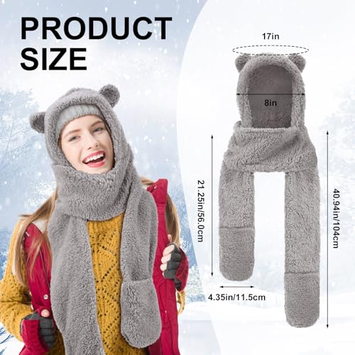 Coume 3 Pack Christmas Winter Fleece Women Bear Ear Sherpa Hooded Scarf Hat Gloves Hooded Scarf Ear Protection Windproof Cap2