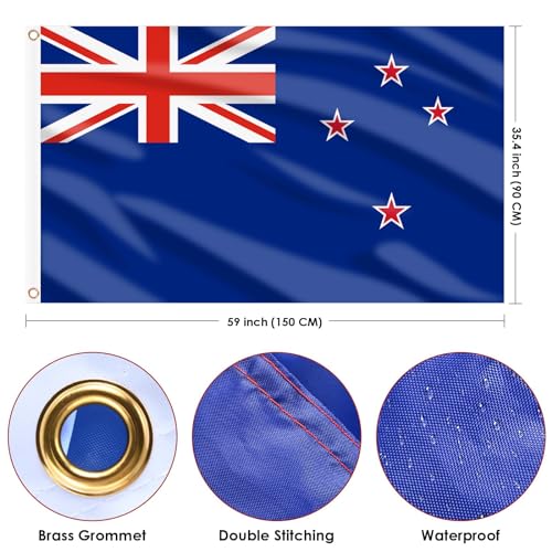 Image of AhfuLife 2 Pcs New Zealand Flag Kiwi Flag 3x5 Ft, Large New Zealand National Flags for Outside - Double Side with Brass Eyelets for Olympic Party Decorations, Bar Street Decoration Indoor Outdoor