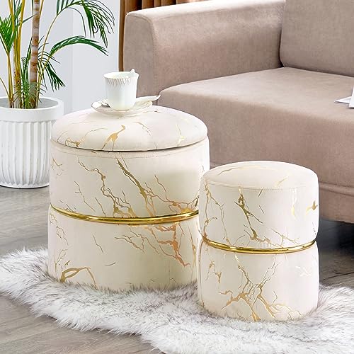Furniliving Round Storage Ottoman Set of 2, Modern Luxury Foil Stamping Velvet Vanity Stool Chairs Coffee Table, Upholstered Foot Rest for Living Room, Bedroom, Khaki