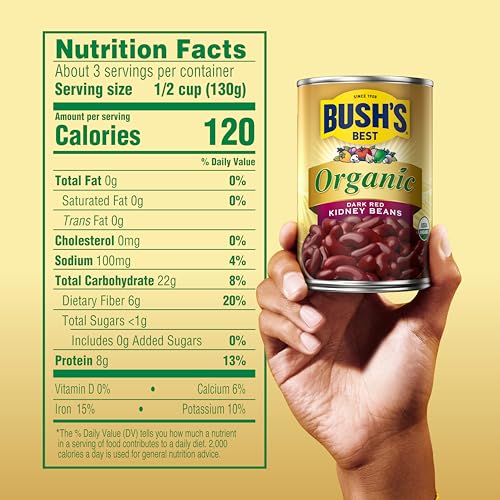 Image of Bush's Best Organic Dark Red Kidney Beans, 15 oz, (Pack of 12) | Canned, Source of Plant Based Protein and Fiber, Low Fat, Gluten Free
