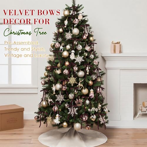 Image of 24 Pcs Deep Burgundy Velvet Bows Ornaments for Christmas Tree, Vintage Elegant Velvet Christmas Bows Tree Decorations, Indoor Home Decor for Wreath Mantle Gift Wrap Holiday Decor, 3 /8'' W, 5 * 7 inch