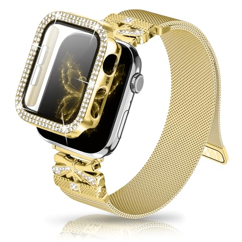 Magnetic Band for Women Compatible with Apple Watch Band 38mm 40mm 41mm 42mm 44mm 45mm 46mm Milanese Stainless Steel Loop with Bling Protective Case, Dressy Metal Strap Replacement iWatch Band