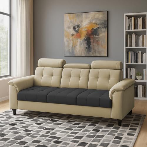 Image of Casaliving Ella 3 Seater Sofa Set for Living Room (Cream Black Colour Fabric) Premium Fabric Sofa