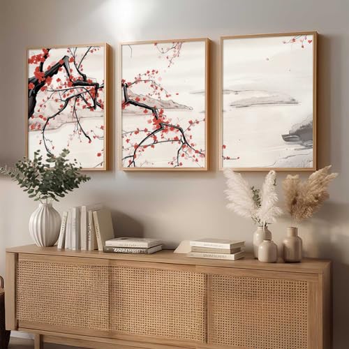 Image of kotart Big Aesthetic Cherry Blossom Tree Wall Framed Posters | Japanese Nature Art Framed Poster for Living Room Bedroom Wall Decor Set Of 3 (14x20 Inch)