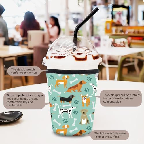 Image of 3 Pack Reusable Neoprene Insulator Sleeve for Iced Coffee Cups, Funny Coffee Cup Sleeves for 16-32oz Coffee cups, Cute Drink Sleeve for Cold Hot Beverages Cute Green Dog