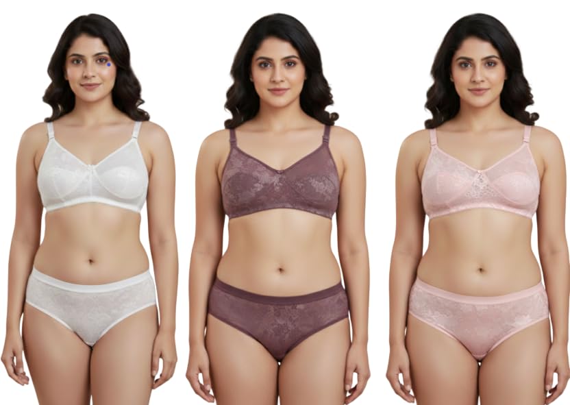 Women's Non-Wired Bra and Panty Set Pack of 3, Lace Pattern Lingerie Set, Soft Comfortable Everyday Wear, White Brown Pink, Regular Fit Innerwear Combo for Women-image-25