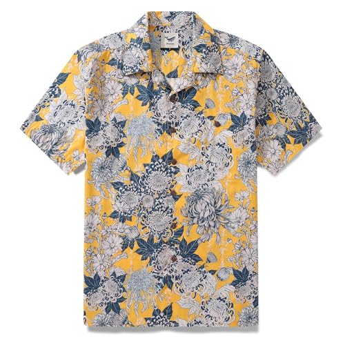 Men's Hawaiian Shirt 100 Cotton Chrysanthemums Terrace Short-Sleeve Aloha Shirt Summer Beach Shirts with Pocket