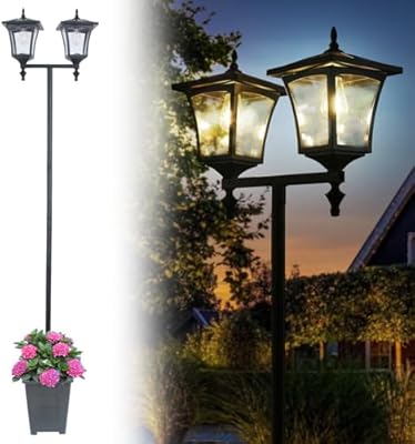 68.9″ Solar Lamp Post Light with Planter,2-Head Solar Pole Light Outdoor Waterproof for Porch,Yard,Driveway,Garden,Patio Decor