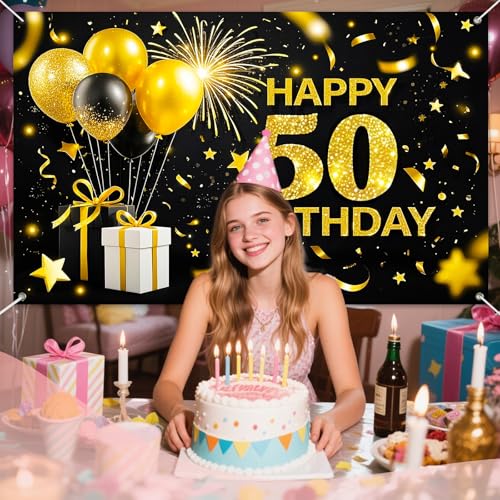 Fondo feliz 50º cumpleaños 71x43 pulgadas negro y dorado miniatura 5