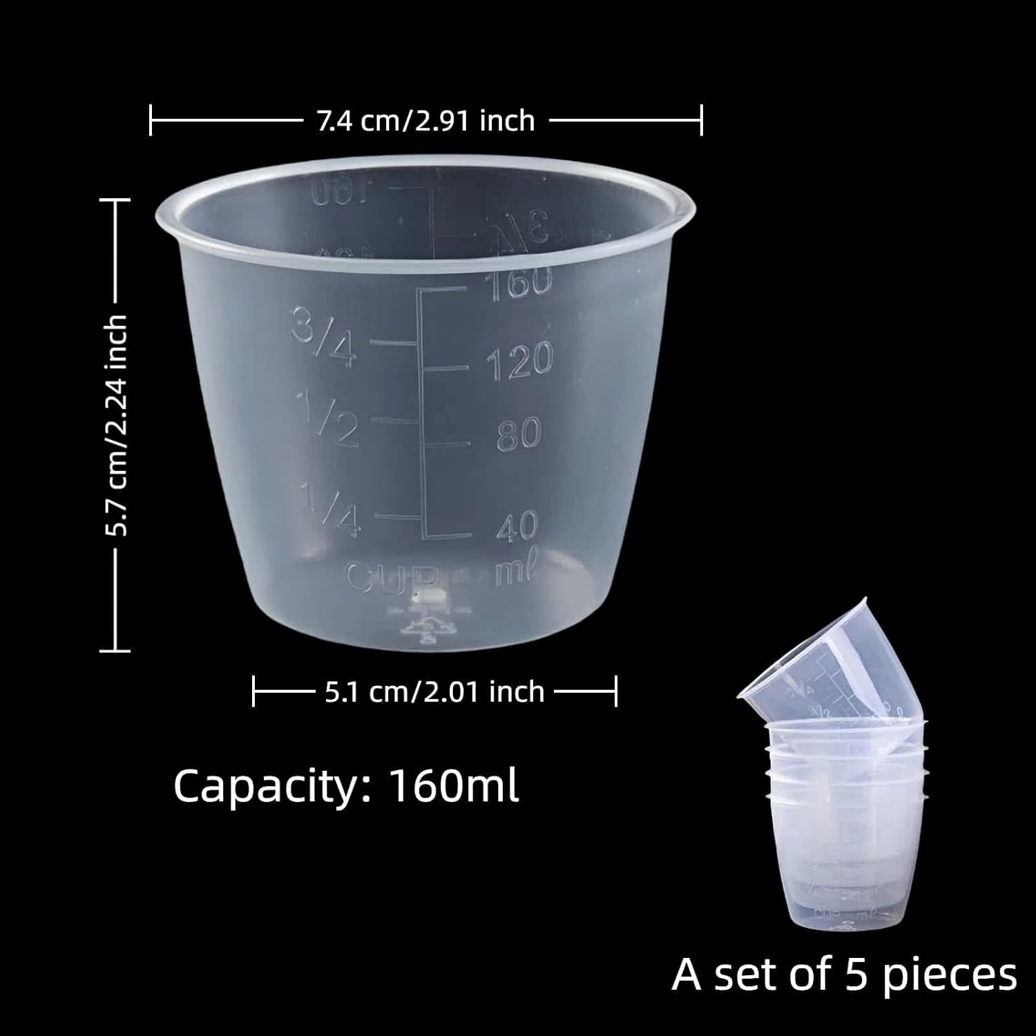 5-Pack 160ml Transparent Rice Measuring Cups | Clear ML/Cup Markings | Multi-Purpose Dry & Liquid Ingredient Cups | Stackable Food-Grade PP Kitchen Utensils for Cooking, Baking & Daily Use