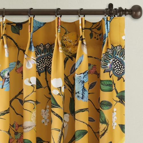 Image of 90 Inches Long Curtains 2 Panels for Living Room Bedroom Unique Elegant Colorful Floral Hummingbird Patterned Rustic Mustard Yellow Pinch Pleated Drapes for Classroom Room Office 40x90