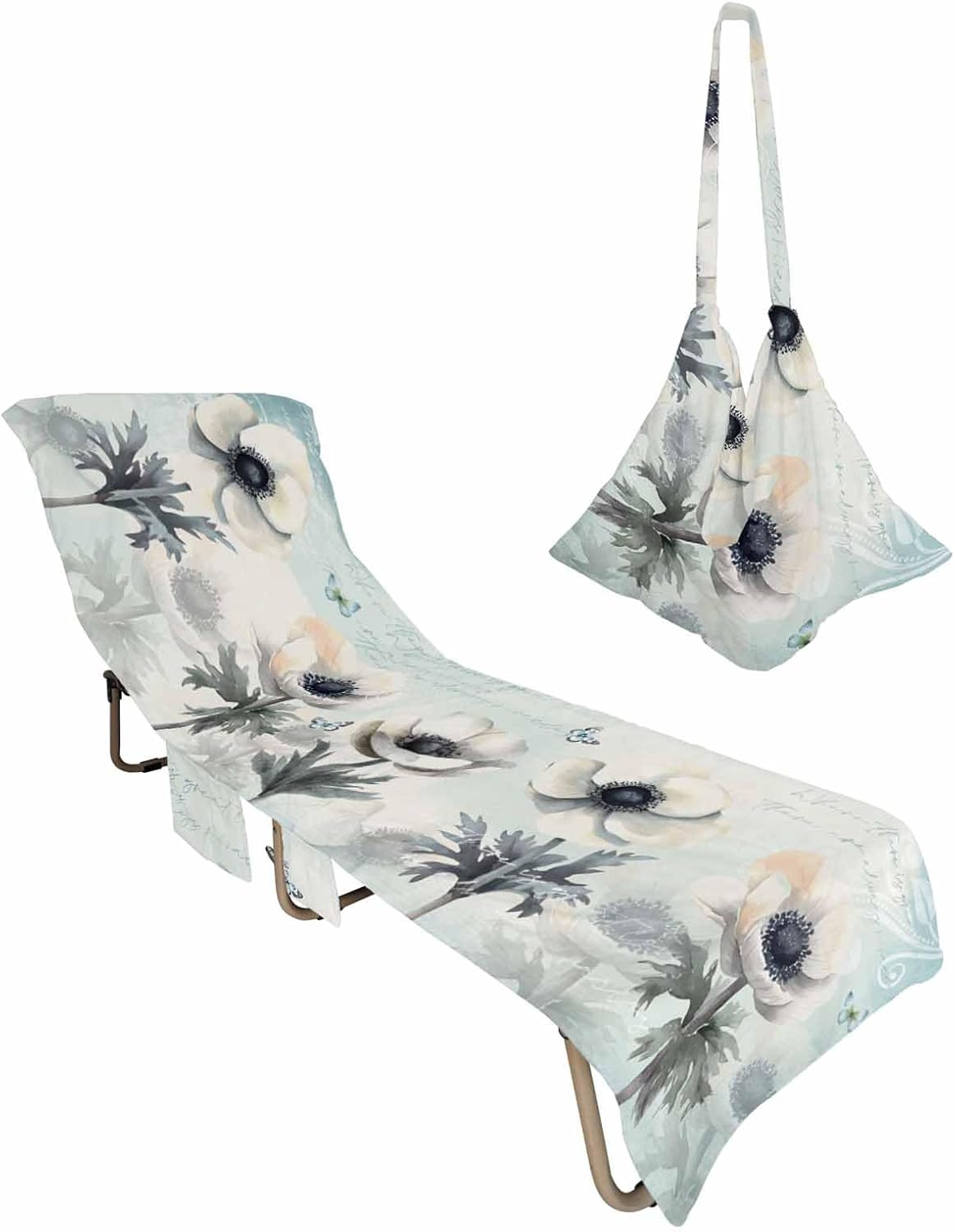 Blue White Flower Beach Pool Patio Lounge Chaise Chair Cover Towel With Pockets,Absorbent & Quick Dry Microfiber Towel Cover Bag Summer Sunbathing Accessories Elegant Rustic Vintage Farmhouse Floral