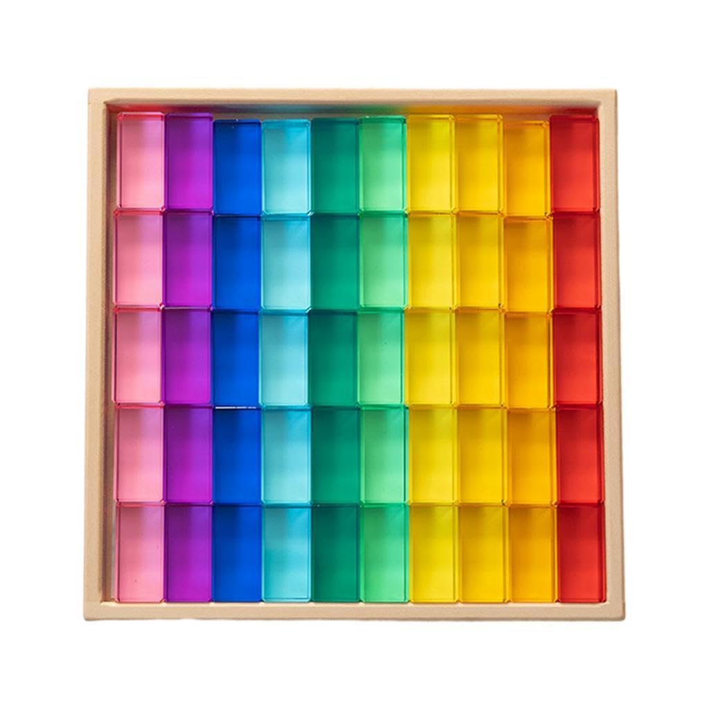 Set di 30 Blocchi da Costruzione Arcobaleno, Gioco di Impilamento, Gioco di Dadi, Cubi in Acrilico Effetto Pietra Preziosa con Base in Legno per Bambi, 50 Pezzi