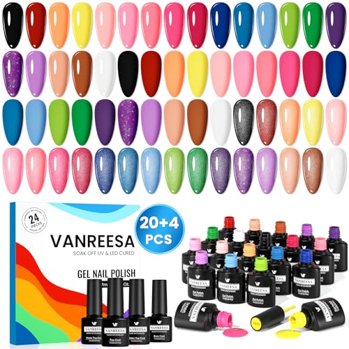 VANREESA Vernis Semi Permanent, 20 Couleurs Noir Rouge Blanc Rose Jaune Bleu Vernis Gel UV Semi Permanent avec Base Top Mat Coat Pailleté, Kit Manucure Cadeau pour Débutants
