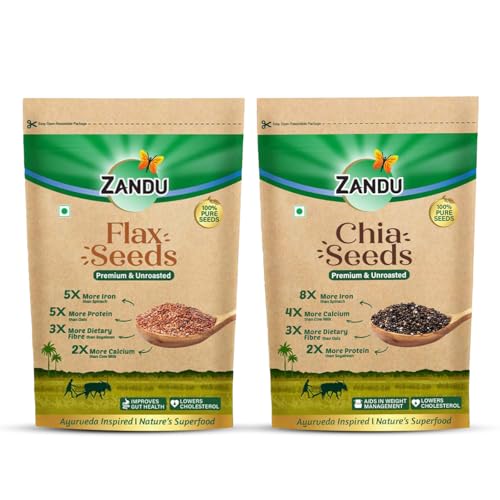 Zandu Chia Seeds and Flax Seeds- 200GM (Pack of 2) I Premium & Raw Seeds I High in Omega-3 Fatty Acids | Packed with Dietary Fiber | Powered with Protein Resealable Pack
