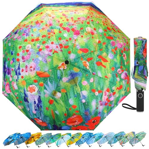 Ucrinei Van Gogh Folding Umbrella, Travel Umbrella with Starry Night Design, Auto Open & Close - Portable Compact Umbrella - Lightweight & Packable for Women & Men (Bauerngarten)