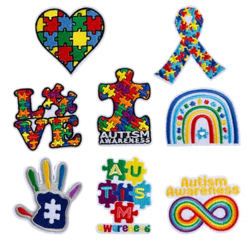Autism Awareness Iron on Patches, 8PCS Puzzle Piece Embroidered Patches, Rainbow Infinity Love Ribbon Hand Heart Designs, Sew/Iron On Appliques for Clothes, Backpacks, Hats, DIY Decorations