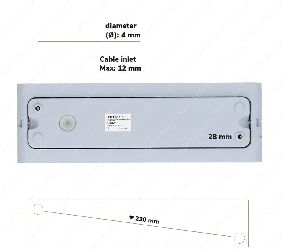 Zadní view of the HOFTRONIC Dallas XL wall light showing mounting holes with a diameter of 4mm and a cable inlet for max 12mm cable, with a distance of 230mm between mounting points.