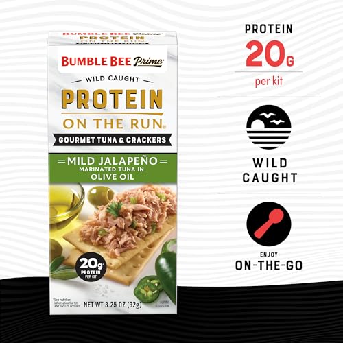 Image of Bumble Bee Prime Protein On the Run Mild Jalapeno Tuna Kit (Pack of 12) | Ready to Eat Easy-Open Canned Gourmet Tuna Marinated in Olive Oil with Crackers & Utensil, 19g Protein per Box