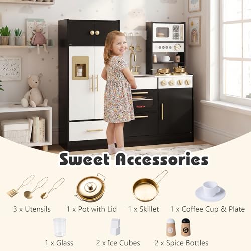 Costzon Play Kitchen for Kids, Wooden Kitchen Playset w/Realistic Lights & Sounds, Stoves, Faucet, Oven, Ice Machine, Microwave, Coffee Maker, Chef Pretend Play Toy Gift for Boys Girls 3+ (Black) - Image 7