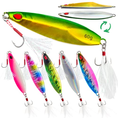 Fregito Fishing Jigs Vertical Saltwater Jigs Vertical Jigging Spoon Fishing Tuna Lures Boat Fishing Artificial Lures For Tuna, Grouper, Dogtooth, Snapper, Bass, Salmon/60G, 80G,120G (5Pcs-60G Short) #TOP14