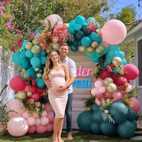 Image of Teal Blue Pink Balloon Garland, Double Stuffed Hot Light Pink Dusty Blue Gold Balloon Arch Kit for Summer Birthday Baby Shower Gender Reveal Tropical Party Decoration