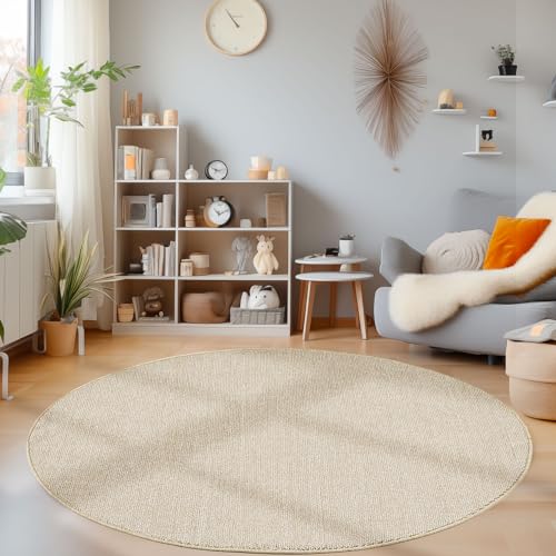 HomebyHome Teppich Wohnzimmer Strapazierfähig Robust Cut-Loop Beige 200 cm Rund - Kurzflor Schlafzimmer Dekoteppich Meliert Struktur Einfarbig Küchenteppich Schlingenflor