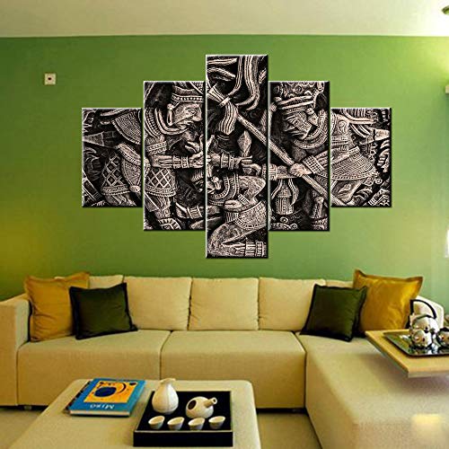 5 Piece Wall Art Ancient Mexican Tribe Pictures Aztec And Mayan Paintings Printed On Canvas Indian Artwork For Living Room Contemporary House Decor Framed Gallery-Wrapped Ready To Hang(60''W X 40''H) #TOP2
