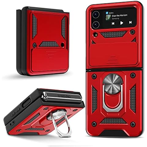 CloudValley Designed for Samsung Galaxy Z Flip 4 Case with Slide Camera Cover & 360° Magnetic Ring Stand, Military Grade Shockproof Heavy Duty Protective Bumper Cover for Z Flip4 5G (2022), Red Cover
