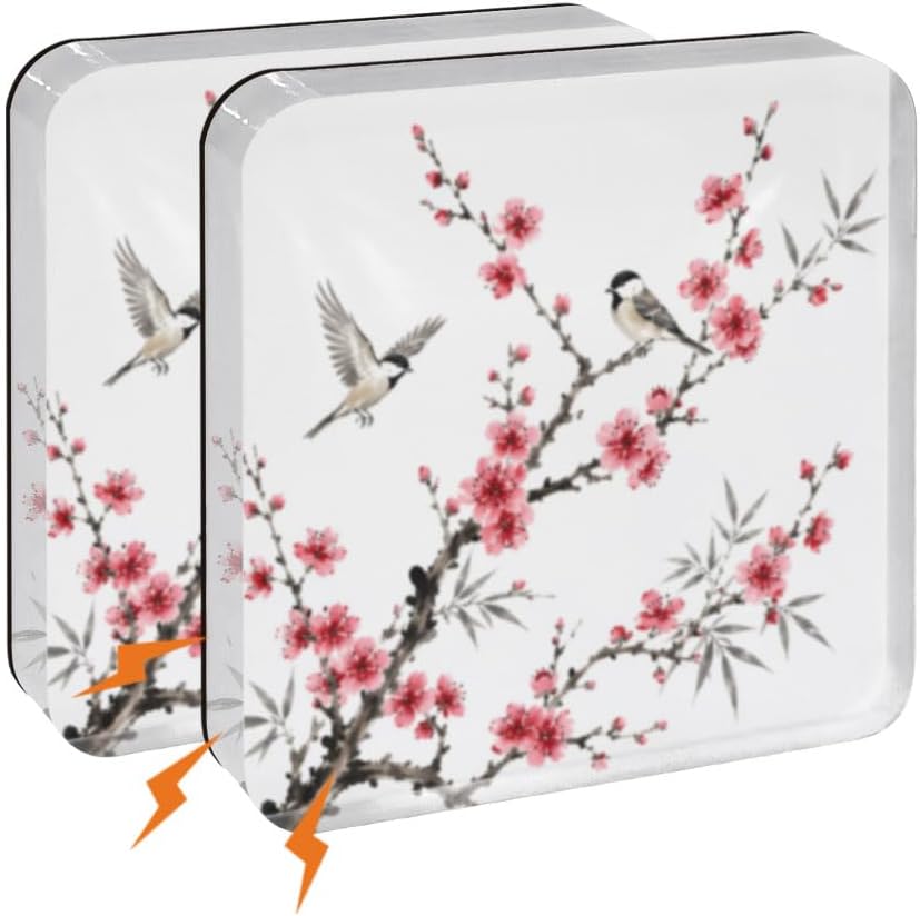 2 piezas Imanes acrílicos para nevera Imán cuadrado pequeño Imán para nevera Rama de flores rosa Pegatinas de imán de pájaro para cocina, pizarra de oficina,gabinete,casillero Flor de cerezo botánico sobre blanco