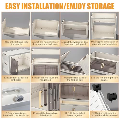 Image of HASTHIP 4-Door Collapsible Plastic Wardrobe 55x33x141cm Stackable Folding Wardrobe Cabinet Organizer with Door Universal Caster Wheels with Brake Freestanding Easy Almirah for Clothes and Bedroom