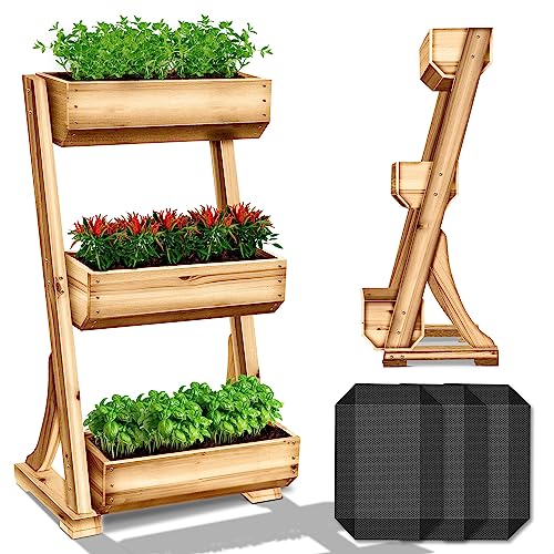 tillvex® Hochbeet aus Holz mit 3 Etagen | Premium Blumenkasten mit Gartenvlies | Blumentreppe Pflanztreppe für Terrasse Balkon & Garten | Gemüsebeet Kräuterbeet Frühbeet Blumenbeet