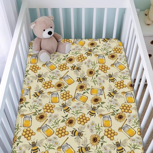 Image of Retro Honey Bees Sunflowers Baby Crib Sheets - 52 inchx28 inch Vintage Bees Daisy Floral Soft Breathable Mattress Cover - Fits Standard Crib and Toddler Mattress