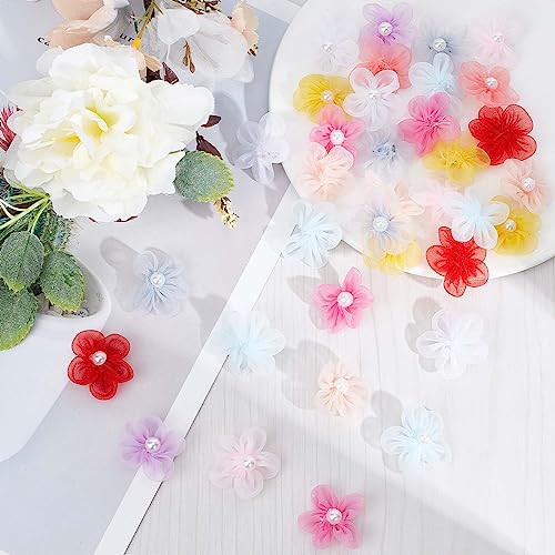 GORGECRAFT 100PCS 10 Colors Small Craft Flowers Embellish Ribbon Flowers Beaded Organza Flowers Chiffon 5-Petal Flower Ornament Accessories Sewing Applique with Plastic Imitation Pearl for Women - Image 4