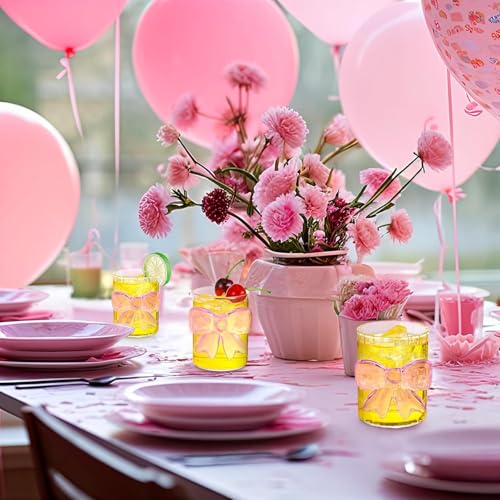Image of FUNKYFINDS 2 Pcs Cute Pink Bow Glass Cups 8oz Coquette Champagne Fashioned Glasses Clear Reinforced Stems and Romantic Pink Bow for Weddings Engagements Party Gifts, Bow Juice Glass Cups