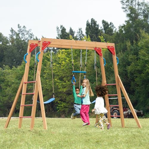 Dolphin Playground Wood Swing Sets for Backyard with Monkey Bar, Kids Outdoor Play Equipment, Outdoor Playset for Kids with Trapeze Swing Bar and 2 Belt Swings, Heavy Duty Playground Accessories