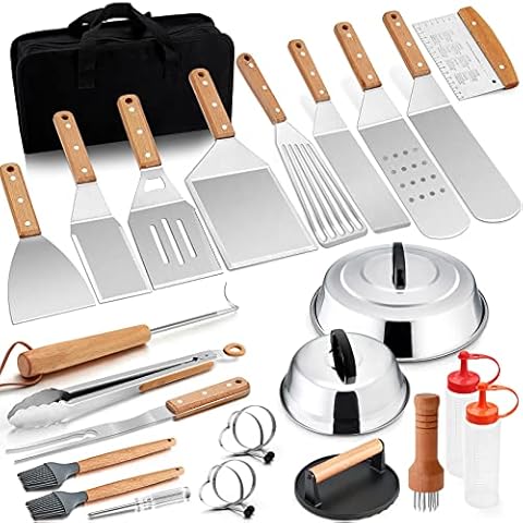 26Pcs Griddle Accessories Kit with Burger Press & Basting Cover, Joyfair Flattop Griddle Accessory BBQ Grill Tools Set with Metal Spatulas for Outdoor Grilling Teppanyaki Hibachi (Wooden Handles) Cover