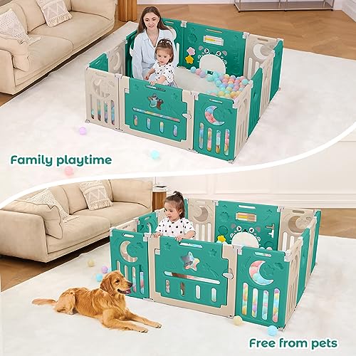 Baby Playpen, Dripex Baby Playard for Babies and Toddlers, 14-Panel Foldable Playpen Adjustable Portable Play Area, Indoor/Outdoor Kids Active Center with Game Panel & Safety Gate, Green White