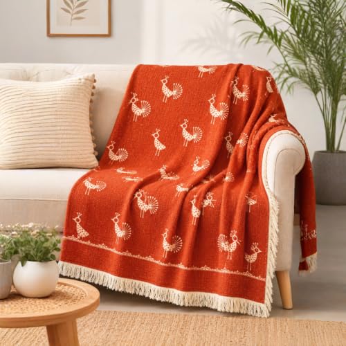 Image of Rajasthani Mandana Throw Blanket - Sacred Geometry Crow & Poppy Print, Hand-Block Cotton Bedspread /Sofa Cover - 50x60 inch, Bohemian Indian Wall Tapestry