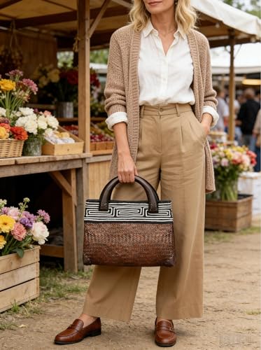Bolsa de playa de paja para mujer con asa redonda de madera miniatura 7