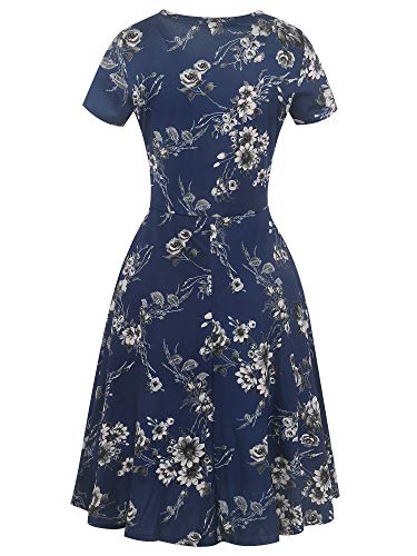 Image of oxiuly Women Casual Dress Round Neck Soft Cotton Floral A-Line Midi Summer Dresses with Pockets OX262