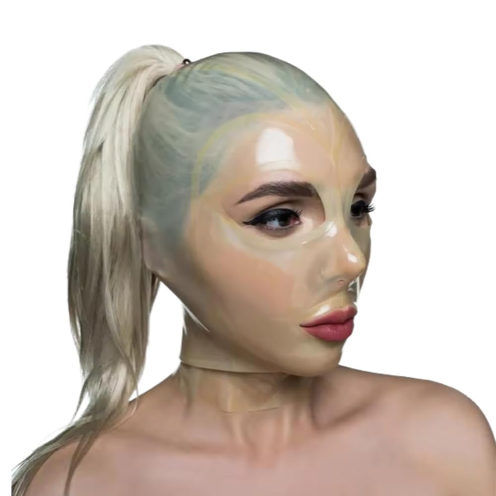 QIANGYTHENKO Translucent Latex Mask Hood with Ponytail Open Back Zipper No Hair for Catsuit Parties Fetish Events