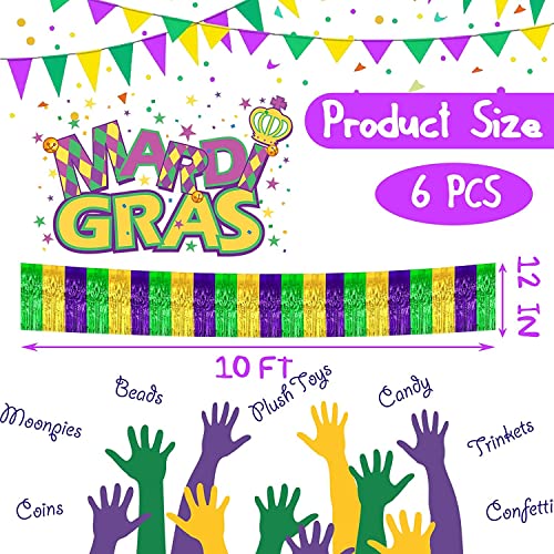 Image of 6 Pack 10 Feet Mardi Gras Foil Fringe Garland Metallic Tinsel Streamers Banner Wall Hanging Backdrop Banner for Parade Floats, Valentine's Day, Wedding, Birthday Party Decorations Gold Green Purple
