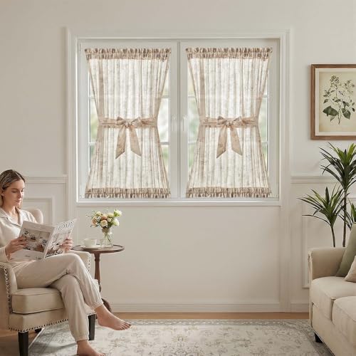 Image of jinchan Floral French Door Curtain Panel Farmhouse Decor Light Filtering Linen with Tie Up Bow for Glass Door or Patio 40 Inch Length Rod Pocket 1 Panel Taupe on Linen
