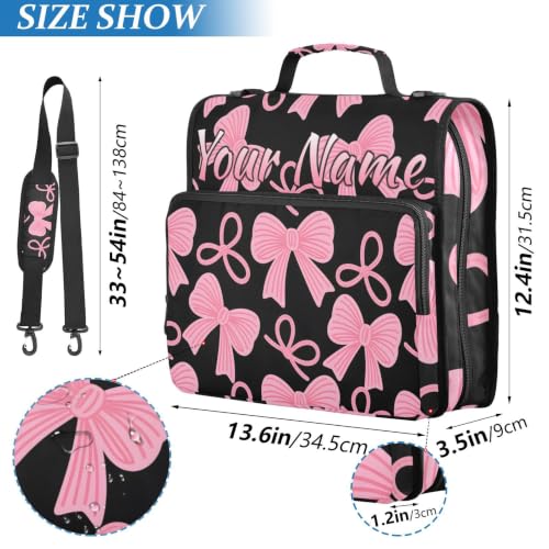 Image of Custom 3 Ring Zipper Binder Pink Bow Black Personalized Name 1.5 Inch Binders Large Capacity Multi Pockets for School Office Supplies