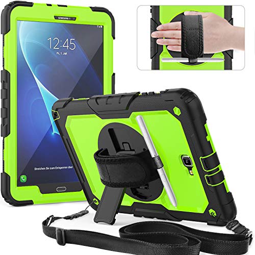 Timecity Galaxy Tab A6 Case (SM-T580/T585/T587 Case) with Screen Protector Pencil Holder Rotating Kickstand Hand/Shoulder Strap.Rugged Durable Protective Cace for Galaxy Tab A 10.1-Black Green