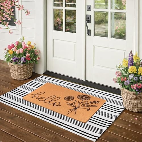 Floral Welcome Mat 17" x 29.5"+ Black and White Striped Rug 27.6" x 43.3"