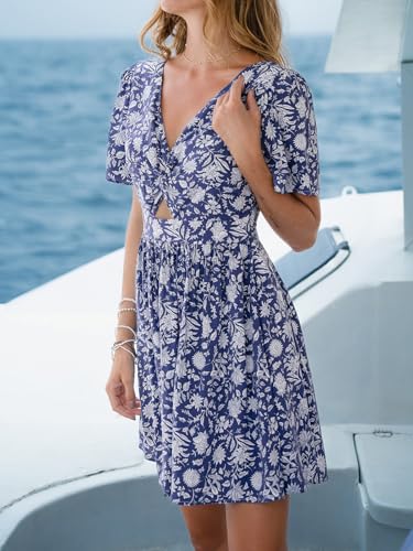 Image of CUPSHE Women's Summer Dresses Casual V Neck Short Sleeve Cutout Smocked Short Flowy Beach Mini Dress