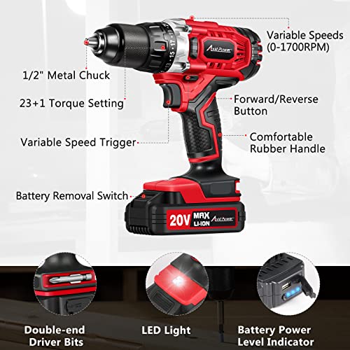 Avid Power Drill Set Cordless 20V Electric Drill With Battery And Fast Charger, Variable Speed, 23+1 Torque Setting, 23Pcs Accessories Drill Kit, Hand Drill With 1/2-Inch Metal Keyless Chuck #TOP7