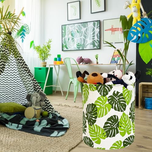 Image of Kids Laundry Hamper Clothes Gift Basket Storage Laundry Baskets Organizer Bin with Handles for Nursery Room (Green Leaf)